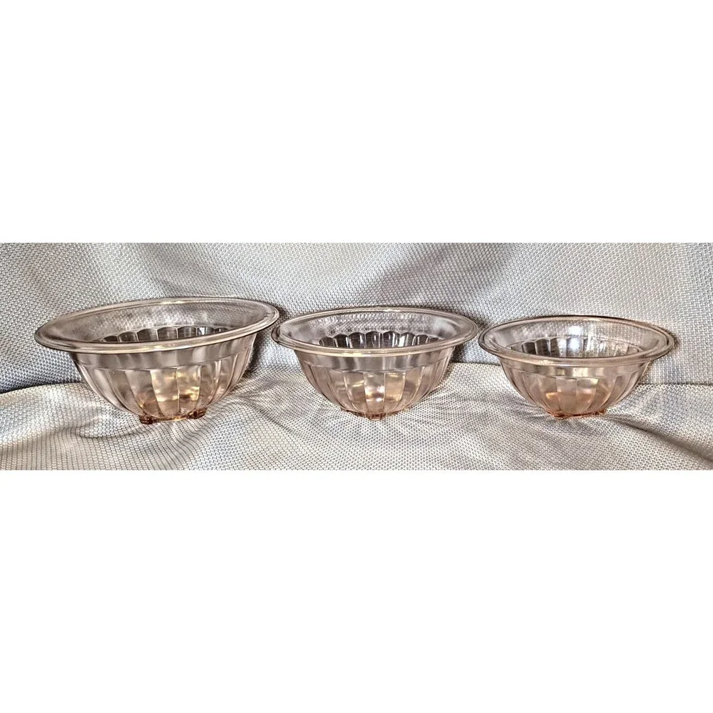 Vtg Hazel Atlas Pink Pillar Optic Ribbed Depression Glass Mixing Bowl Set of 3